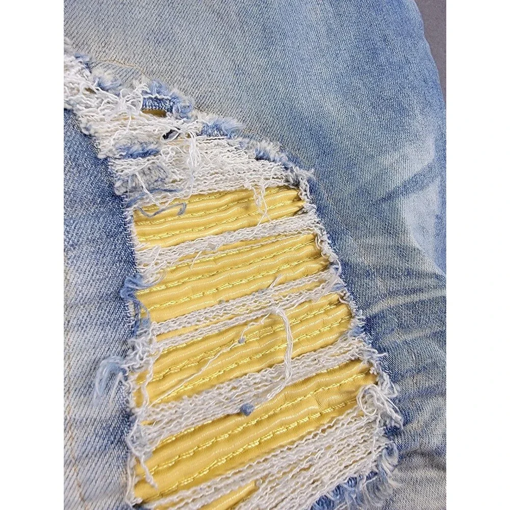 Frost Origin Shorts Mens 38 Blue Distressed Ripped Denim Yellow Patch Streetwear